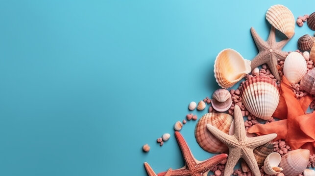 Conceito de hor&aacute;rio de ver&atilde;o Composi&ccedil;&atilde;o plana com belas estrelas do mar e conchas do mar na mesa colorida