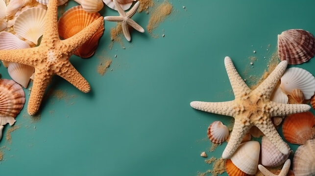Conceito de hor&aacute;rio de ver&atilde;o Composi&ccedil;&atilde;o plana com belas estrelas do mar e conchas do mar na mesa colorida