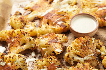 A close-up photo of oven roasted thin slices of white cauliflower seasoned with paprika and black...