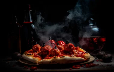 Gordijnen Hot pepperoni pizza out of the oven created with Generative AI technology © Edi