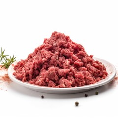 Ground bison meat isolated on white background. Generative AI