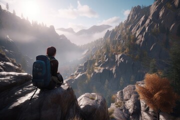 Fototapeta premium Tourist Woman Hiker Sitting on Top of Rocky Peak at the Edge with Mountain Summer Views Made with Generative AI