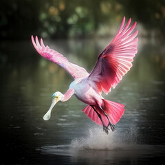 Roseate spoonbill, Platalea ajaja, splashing water as it flies over the water surface, made with generative ai