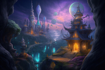 fantasy scary cartoon city at night.Generative Ai