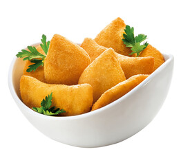 Tigela com coxinha e rissole isolado em fundo transparente - salgadinhos de festa 