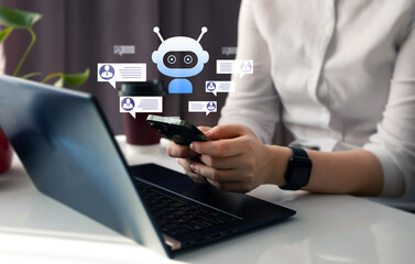 Virtual assistant and CRM software automation technology.Customer using online service with chat bot to get support. Chatbot conversation concept.	