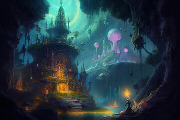 fantasy scary cartoon city at night.Generative Ai
