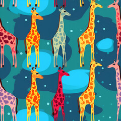 A seamless pattern with the image of bright cartoon giraffes on a contrasting background. Generated AI