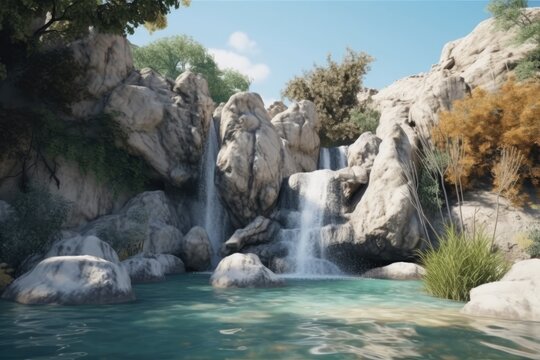 Rocky Mountain Waterfall Landscape With Beautiful Blue Water And Blue Sky Made With Generative AI