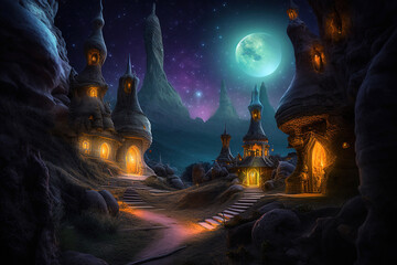 Fototapeta na wymiar fantasy scary cartoon city at night.Generative Ai