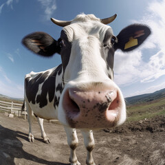 cute closeup portrait of a cow on a meadow, eco farming concept, 360 degrees panoramic camera, AI generative