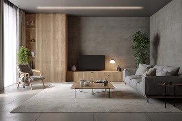 Luxurious Modern Living Room Home Interior With Concrete Accent Walls And Sustainable Wood With Stylish Home Decor And Professional Staging Made With Generative AI