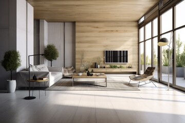 Fototapeta na wymiar Sustainable Slow Living Modern Family Room Interior With Wood Accent Wall And Professionally Styled Space Made With Generative AI