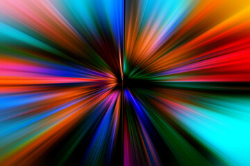 Obraz premium Abstract radial zoom blur surface of blue, lilac, orange and pink tones. Gloomy spectacular background with radial, radiating, converging lines. 