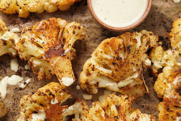 A close-up photo of oven roasted thin slices of white cauliflower seasoned with paprika and black pepper, with hearty tahini sauce. flat lay, top view
