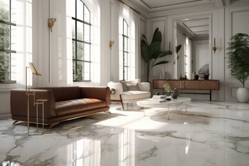 Fototapeta na wymiar Luxury Marble Architecture In White Living Room Interior With Modern Arch Windows And Sustainable Word Console Table Against The Wall Made With Generative AI