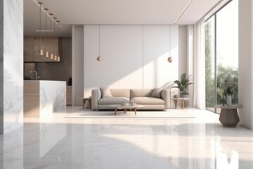 Sunny White Modern Penthouse Living Room Interior With High Ceilings And Gray Sofa And Marble Floors Made With Generative AI