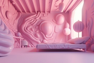 Ultra Modern Pink Bedroom Interior with Futuristic Interior Design and Pink Organic Shapes and Pink Ceiling Beams Made with Generative AI