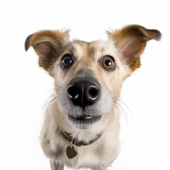 Studio portrait of dog looking at the camera against a white background, 360 degrees panorama, AI generative
