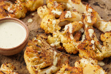 A close-up photo of oven roasted thin slices of white cauliflower seasoned with paprika and black...