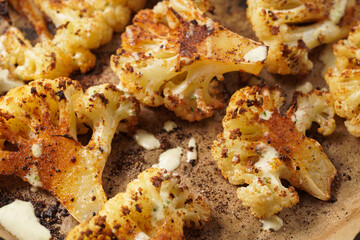 A close-up photo of oven roasted thin slices of white cauliflower seasoned with paprika and black pepper, with hearty tahini sauce. flat lay, top view