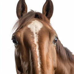 Obraz premium Funny portrait of a cute horse looking to the camera, white background, AI generative