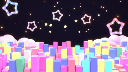 3d rendered colorful cuboids, clouds, and stars with light bulbs.