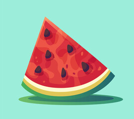 Watermelon. Cartoon watermelon. Slice of watermelon with seeds. Vector illustration on a green background.