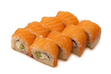 Sushi with cream cheese and salmon isolated on white background.