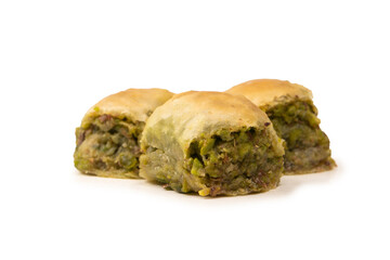 Turkish pistachio baklava isolated on white background.