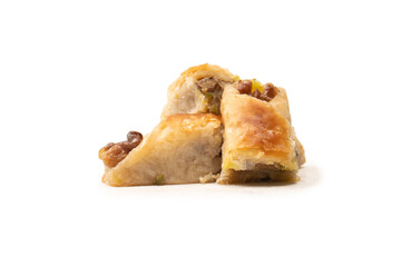 Delicious sweet baklava with walnuts isolated on white background.