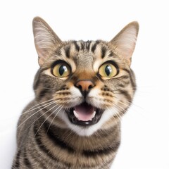 funny cat portrait looking shocked or surprised on white background, AI generative