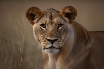Obraz na płótnie Canvas portrait of a female lion. With a commanding presence, the lioness gazes directly into the camera, exuding strength and confidence. Generative Ai