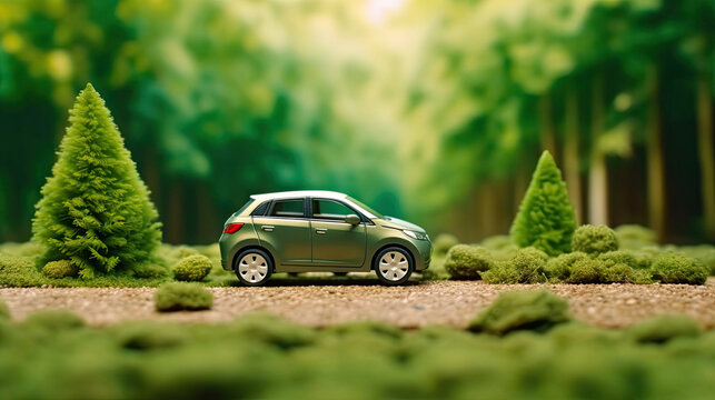Miniature car model on green forest background. Transportation and travel concept. Generative AI.