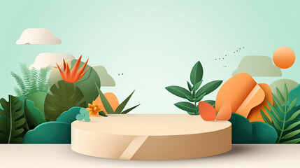 3d render of natural product display podium with tropical leaves background. Generative AI.