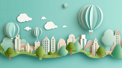 Paper art style of city landscape with hot air balloon. Generative AI.