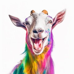 Portrait of Funny laughing goat with a colorful design style. 360 degrees panoramic camera, AI generative