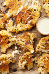 A close-up photo of oven roasted thin slices of white cauliflower seasoned with paprika and black pepper, with hearty tahini sauce. flat lay, top view