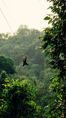 Zip line with green vegetation in the background at Tad Fane Waterfall, Pakse loop, Laos