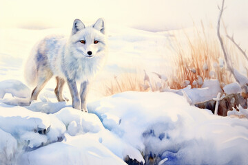 Watercolor painting of a cute arctic fox in the snow. Beautiful artistic animal portrait made with generative AI.
