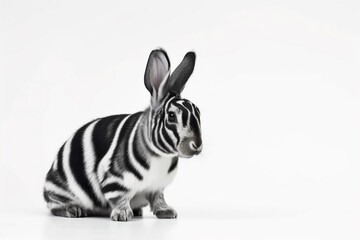 Fototapeta na wymiar Abstract rabbit zebra hybrid animal isolated on white background. Copy space for text. Generative AI.