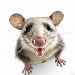 Funny opossum with curious cute brown eyes looking in the camera on white background, AI generative