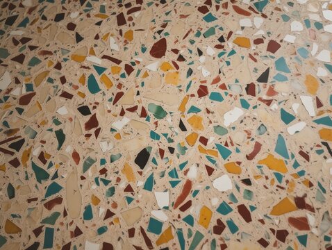 Top-Ansicht einer Nahaufnahme eines Terrazzo-Bodens: Mosaikartige Muster, vielf&auml;ltige Farben und Texturen