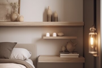 Obraz na płótnie Canvas Cozy Bedroom Interior with FLoating Pine Oak Wood Shelves with Home Decor Made with Generative AI