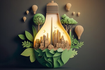 Paper cut of light bulb with green eco city , Save energy creative idea concept , Renewable energy by 2050 Carbon neutral energy or greenhouse gas emission CO2 , Created with generative AI - obrazy, fototapety, plakaty
