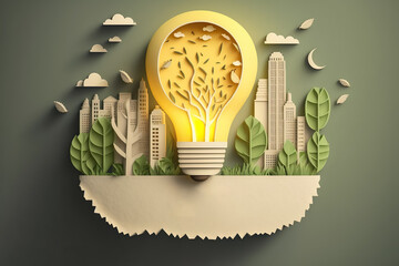 Fototapeta na wymiar Paper cut of light bulb with green eco city , Save energy creative idea concept , Renewable energy by 2050 Carbon neutral energy or greenhouse gas emission CO2 , Created with generative AI