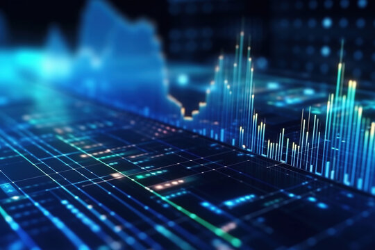 Perspective view of stock market growth, business investing and data concept with digital financial chart graphs, diagrams and indicators on dark blue blurry background