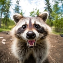 Fototapeta premium funny portrait of an racoon into the wild, 360 degrees panoramic camera, AI generative