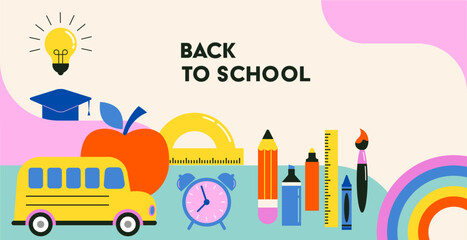 Vibrant Color Back To School background concept design. Geometrical flat style illustration, banner and poster. School supplies and yellow bus illustration