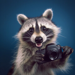 funny portrait of an racoon with camera into the wild, 360 degrees panoramic camera, AI generative